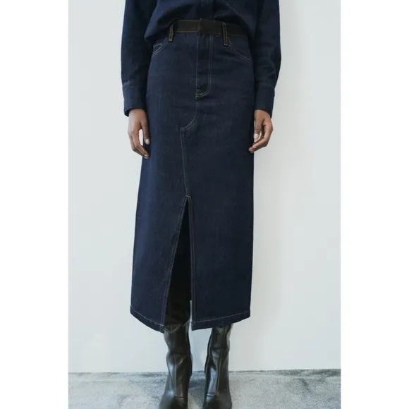 ZARA ZW Collection Denim Midi Skirt Contrast Suede Waistline Blue Pockets Small - Image 5