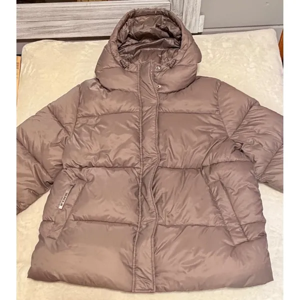 Victoria's Secret PINK Marshmallow Puffer Jacket Taupe Hooded Coat Large - Image 5