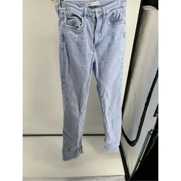 Zara Brono Blue Split Flare Jeans Light Wash Raw Hem Size 4 EUR 36 - Image 7