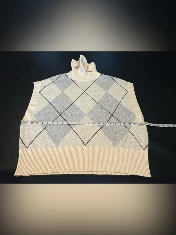 LOFT Cream and Light Gray Argyle Cowl Neck Sweater Vest size XL - Image 7