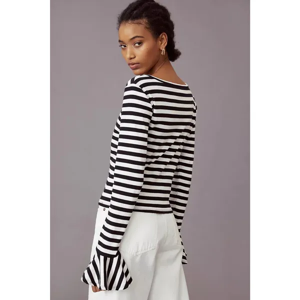Anthropologie Maeve Flouncy Stripe Women's Blouse Top Shirt Large Ruffle Cuff‎ - Image 2