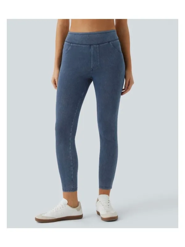 Halara L 7/8 Womens Stretchy Denim-Look High-Waisted Capri Leggings Size L Blue - Image 2