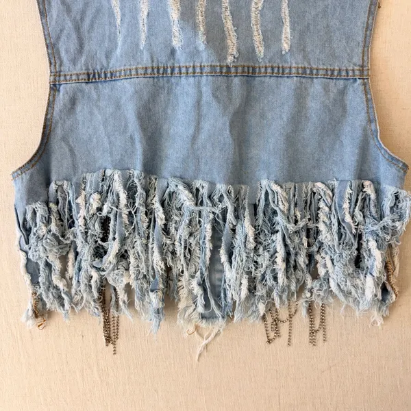 Spoon Jeans Denim Vest Women XL Blue Distressed Rhinestone Fringe Western Crop - Image 13