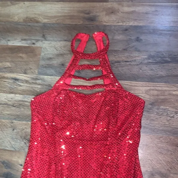 Sexy Retro Vintage 90s Red Sequin Floor Length Formal Gown Halter Neck Leg Slit - Image 14