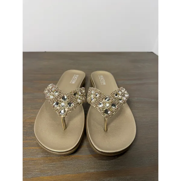 Kenneth Cole Reaction Glam-athon Beaded‎ Thong Sandals Gold Size 6.5 New - Image 7