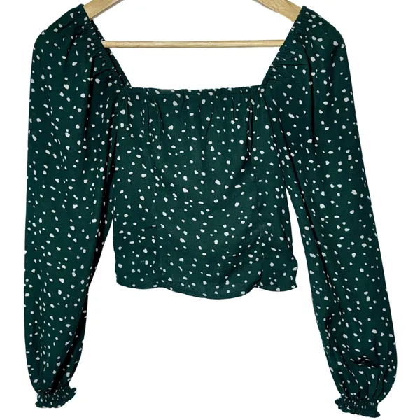 NEW Abercrombie & Fitch Green White Ruffled Smocked Puff Sleeve Blouse Size XXS - Image 2