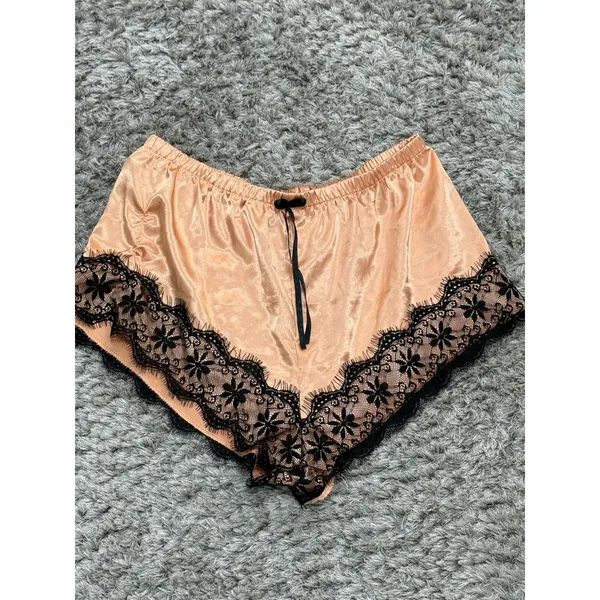 Women’s Satin Tap Shorts Black Lace Trim Lounge Sleep Pajama Pants Beige Size XL - Image 2