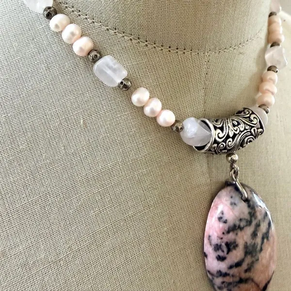Sterling Silver Rhodonite Pendant Necklace w Freshwater Pearls - Image 6