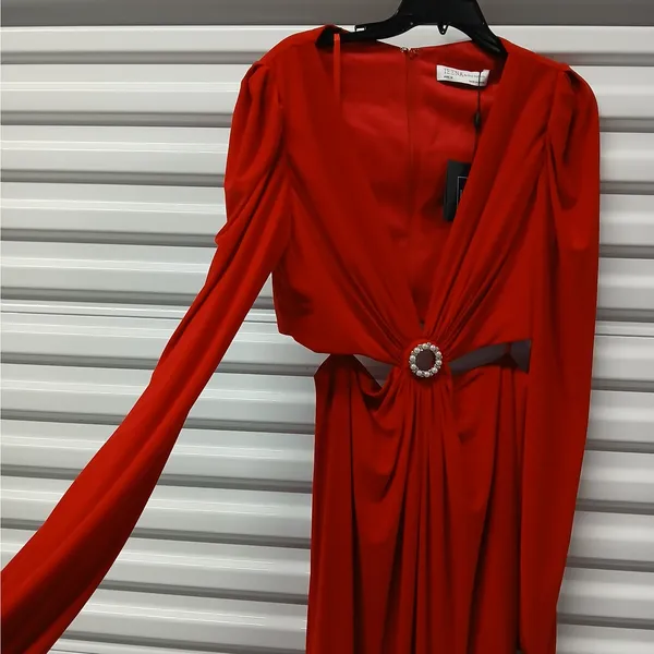 $398 Mac Duggal Ieena Formal Evening Gown Womens 10 Red Maxi Dress Wedding Party - Image 7