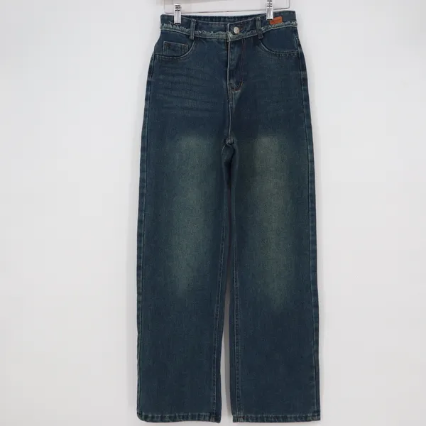 Dark Wash Wide Leg High Waisted Jeans Frayed Waistband Detail Small - Image 2