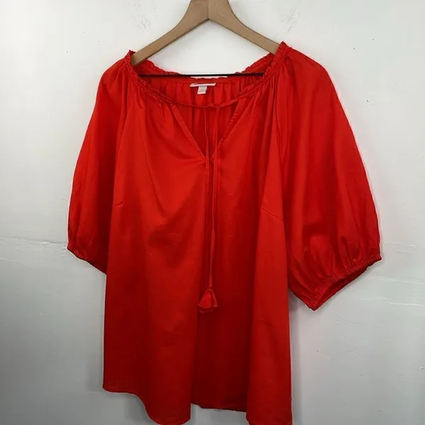 Knox Rose Boho Peasant Style with tassel tie orange red Puffy Sleeves size 2X - Image 4