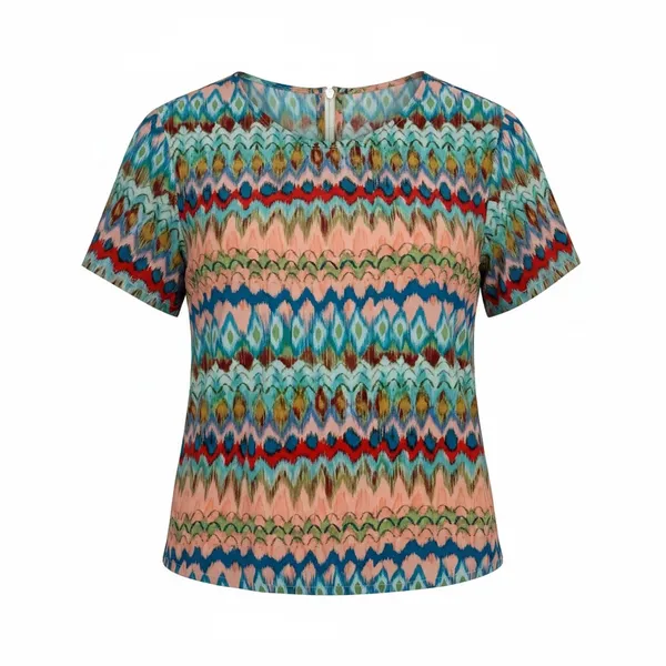 Amour Vert Multicolor Geometric Print 100% Silk Short Sleeve Blouse - Image 3