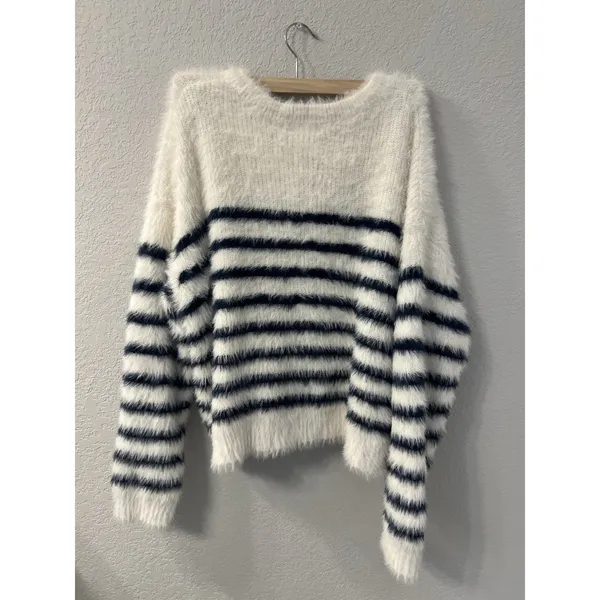 La Ligne Target Womens Fuzzy Yarn Striped Crewneck Sweater Blue White Sz L‎ - Image 2