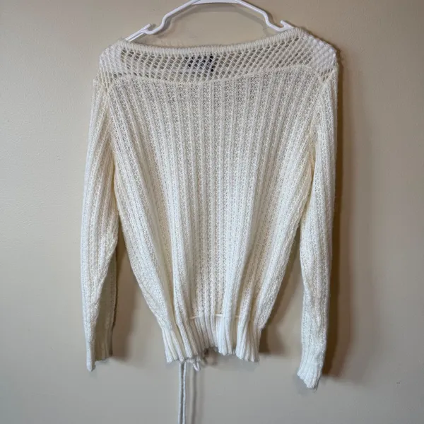 Mademoiselle Women Sweater Cream Open Knit Drawstring Hem Boat Neck Vintage L - Image 9