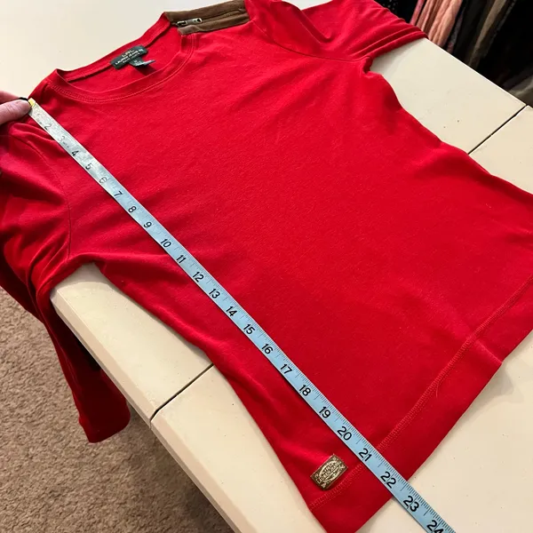 Ralph Lauren Red 100% Cotton Long Sleeve Leather Elbow Patch Top Size Medium - Image 9