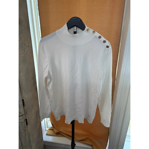 Calvin Klein White Mock Neck‎ Button Shoulder Sweater SZ M Classic Preppy - Image 3