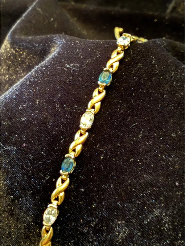 Vtg Gold-Tone Faux Sapphire & CZ Tennis Bracelet – Hugs & Kisses "X" Link 7.5” - Image 2