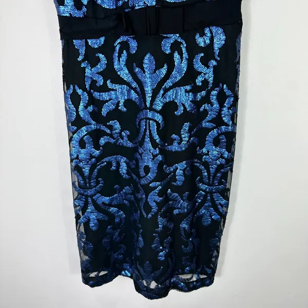 The Limited Cocktail Dress‎ Womens 6 Black Blue Sequin Damask Mesh Illusion Neck - Image 3