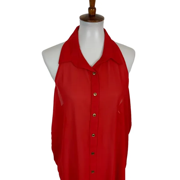 W By Wenjie Red Top Large Sleeveless Button‎ Down Bold Statement Cottagecore - Image 2
