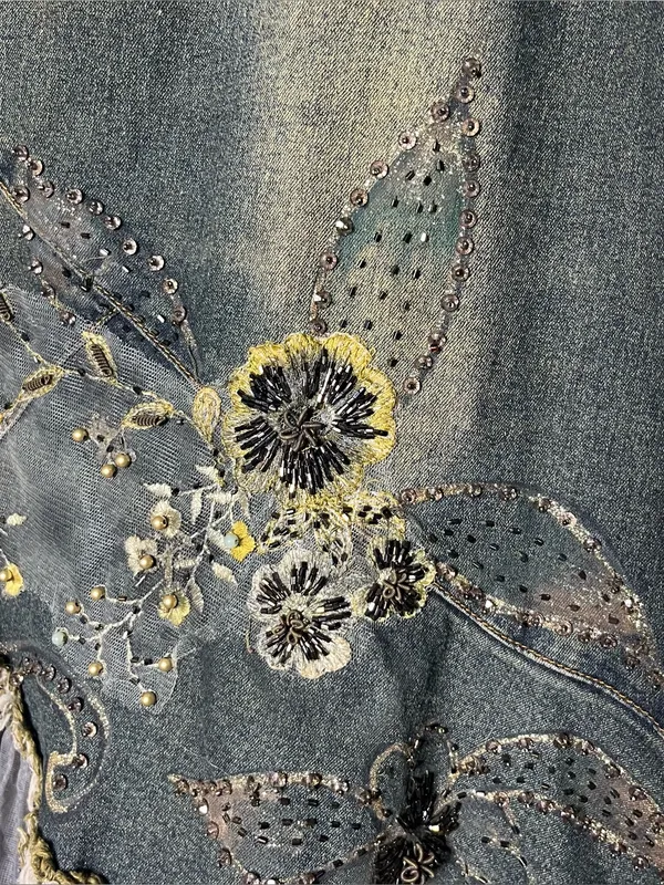 Y2K Vintage Asymmetrical Lace Hem Floral Beaded Fairy Grunge Denim Midi Skirt - Image 5
