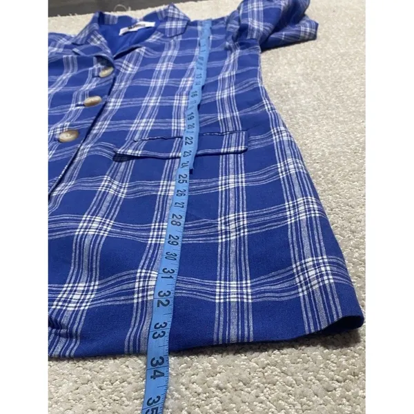 BB Dakota Steve Madden Women's Blue White Plaid Long Blazer Jacket Collared S - Image 5