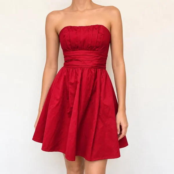 David’s Bridal Red Strapless Fit Flare Dress Sz 12 Romantic Coquette Party Cocktail Wedding Guest Y2K Pleated bust, ruched waist, full A-line skirt, and back zipper. Romantic coquette, feminine, elegant, vintage-inspired, Y2K, timeless, cocktail, party, wedding guest, bridesmaid, homecoming, prom, Valentine’s Day, Christmas, holiday, date night, engagement, rehearsal dinner, semi-formal, formal, special occasion. - Image 3