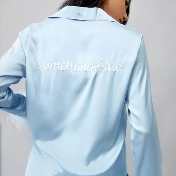 Nasty Gal Something blue embroidered feather pajama set, worn once - Image 2