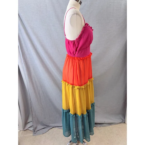 Sadie & Sage Maxi Dress Multicolor Colorblock Tiered Ruffle Boho Medium - Image 7