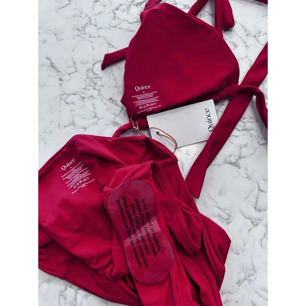 New Quince Cherry Red Italian Triangle Full Coverage Bikini Top High Leg Bottom - Image 3