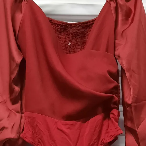 Womens Satiny Wrap Bodysuit Top Sz XS Red Puff Sleeve Smocked Romantic Holiday - Image 6