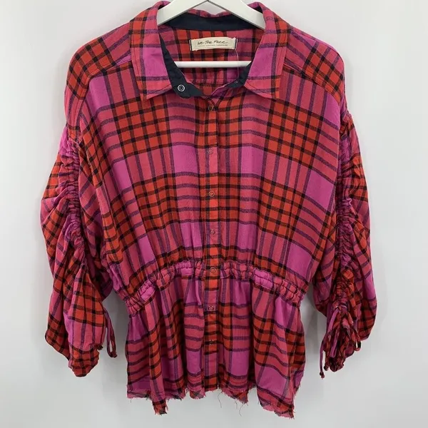 Anthro‎ We The Free People Size XS Shirt Pacific Dawn Red Pink Plaid Ruched NEW - Image 3