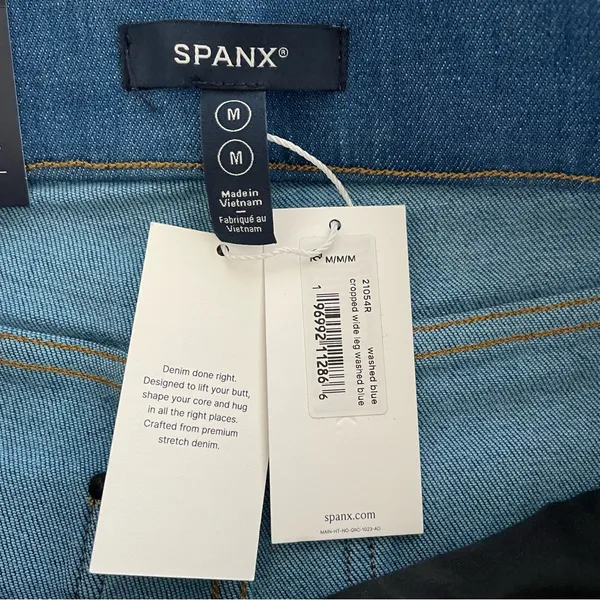 Spanx Cropped Wide Leg Jean Washed Blue Size Medium Patch Pocket Chore Retro - Image 5