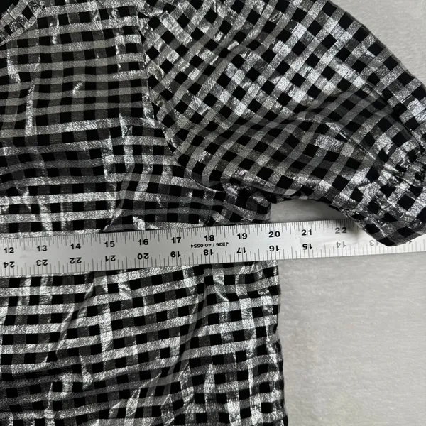 J.‎ Crew Metallic Silver Gingham Ruffle Neck Puff Sleeve Top CF117 Black Womens - Image 4