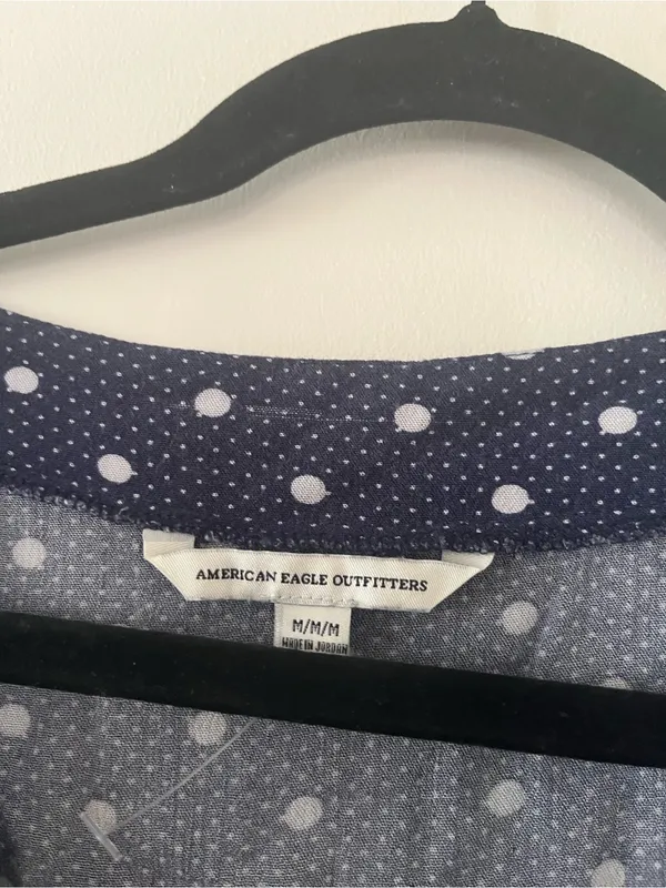 American Eagle Navy Blue Polka Dot Mini Dress Medium Lace Up Long Sleeve Coastal - Image 2