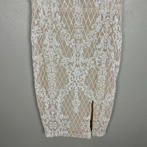 Ricarica Midi Dress‎ Sequin Mesh Womens 1X White Beige Lined Slit Sheath Fitted - Image 6