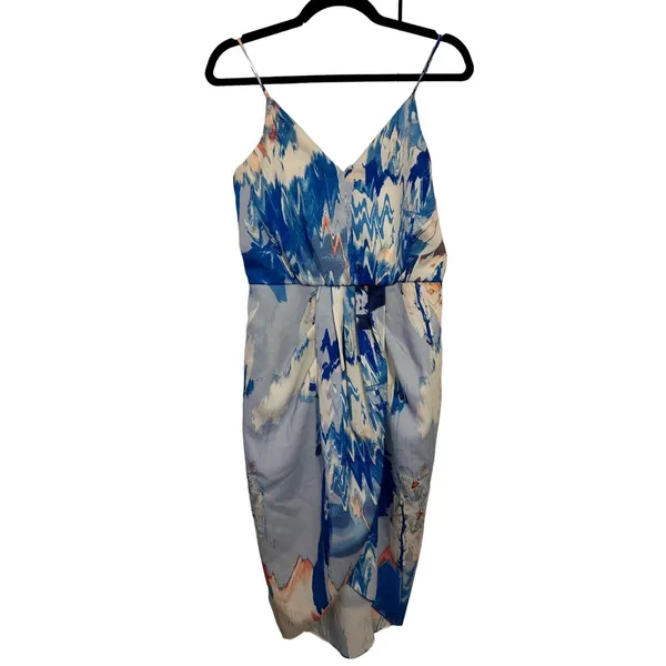 Chelsea28 Midi Dress Abstract Blue Faux Wrap Tulip Skirt 4 Wedding‎ Guest - Image 2