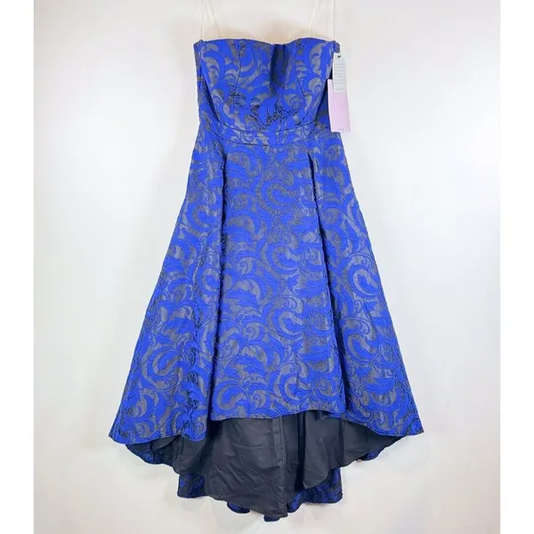 NWT JS Collections Dress Blue Jacquard Hi Low Ballgown Strapless Cocktail Size 8 - Image 2