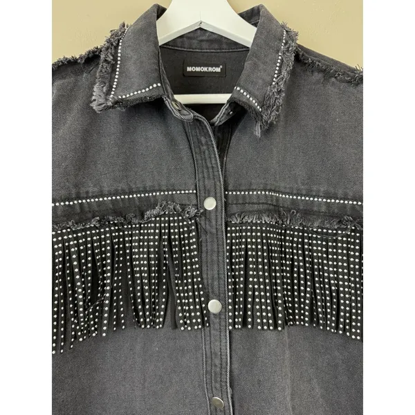 Denim Jacket Black Fringed Western Women’s Size S Embellished Festival Coachella - Image 5