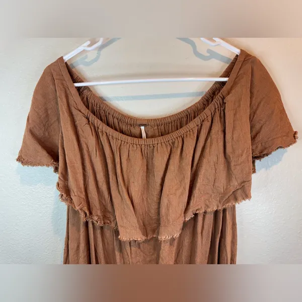 Free People‎ Boho Brown Ruffled Relaxed Cotton Tunic Size S - Image 2