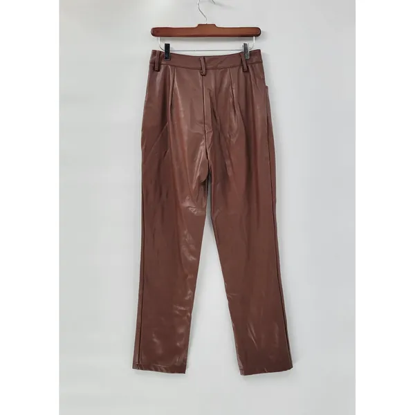 Faux Leather Pants Medium Brown High Waist Straight Leg Zip Casual Chic Club - Image 10