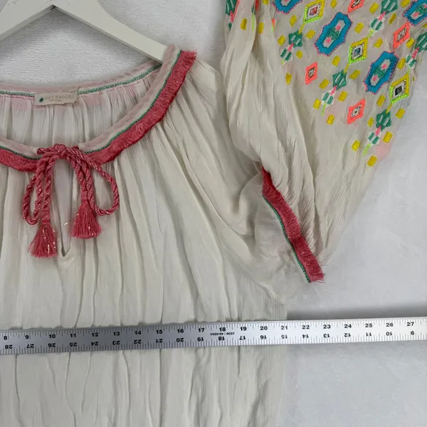 Ramy Brook Ivory Embroidered Tassel Tie‎ Neck Bell Sleeve Boho Blouse Medium - Image 4