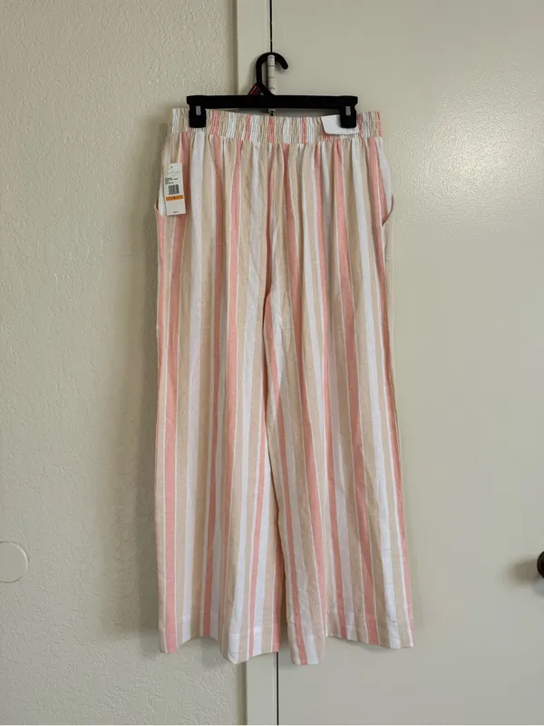 Jessica Simpson Striped Linen Blend Wide Leg Pants Pink Tan White NWT Size S - Image 4