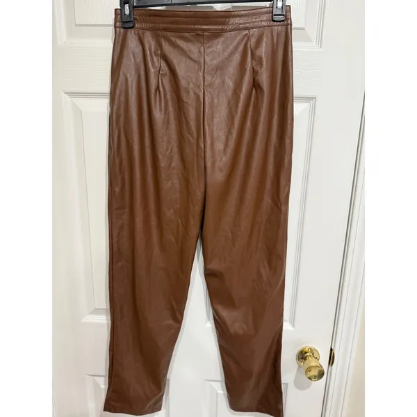 Princess Polly‎ Vegan Leather Pleated Pants Brown Tapered High Waist Sz 8 - Image 3