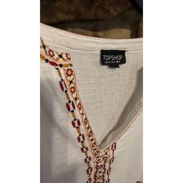 Topshop Ivory Embroidered Boho Peasant Blouse Babydoll Fringe Top US 12 - Image 5