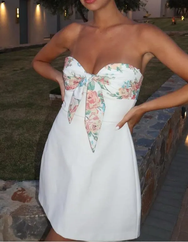 ZARA Floral White Strapless Dress - Image 4