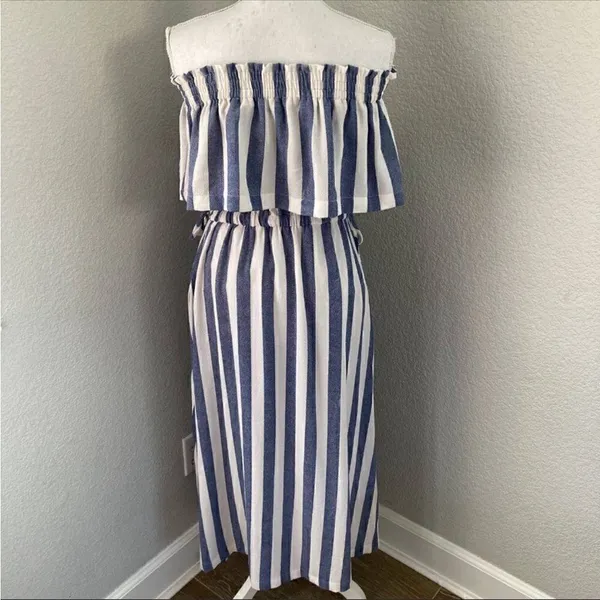 Ark & Co Womens Blue//White Striped Off Shoulder Smocked Maxi Dress Medium - Image 4