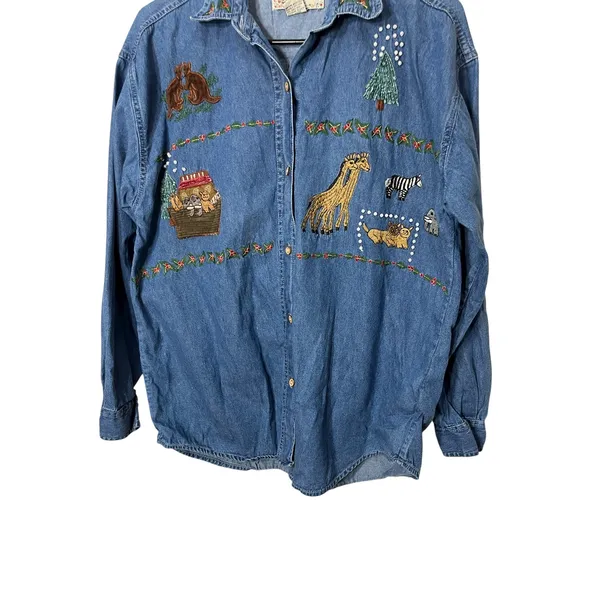 Vintage 90s BSA Embroidered Denim Shirt Noah's‎ Ark Animal Print Medium - Image 4
