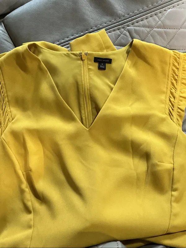Ann Taylor Mustard Yellow V-Neck Midi Dress with Ruffle Cap Sleeves - Image 4