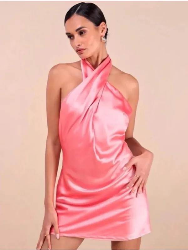 Lulus Beyond Classy Coral Pink Satin Halter Mini Dress Size Small backless Sexy - Image 3