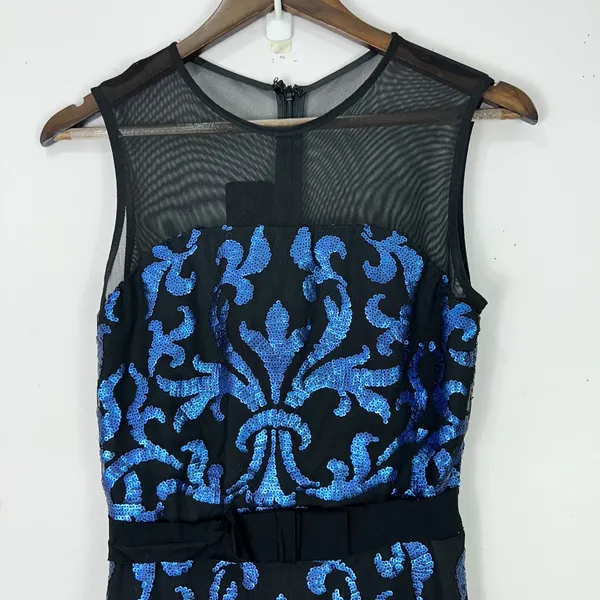 The Limited Cocktail Dress‎ Womens 6 Black Blue Sequin Damask Mesh Illusion Neck - Image 2